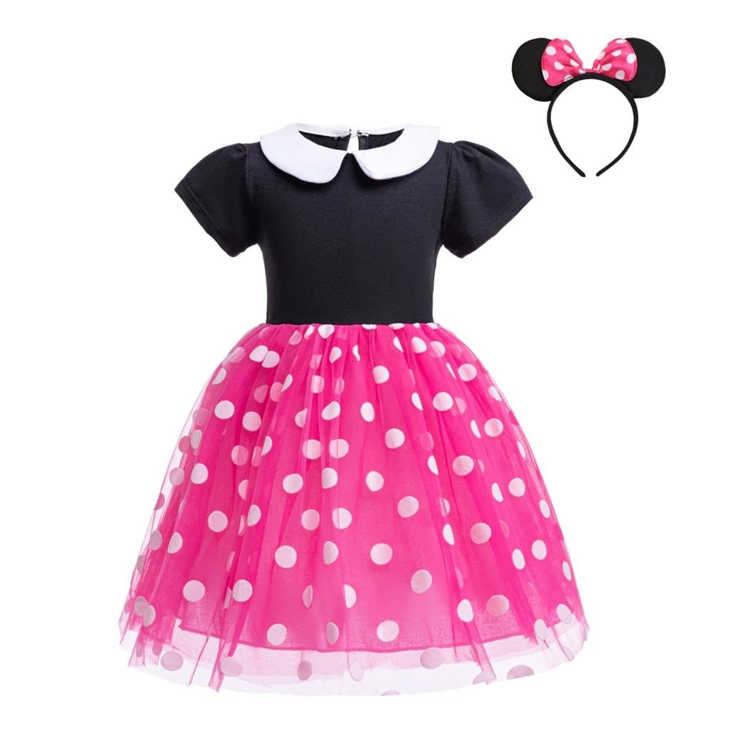 Lito Angels Minnie Mouse Kostüm für Mädchen Kinder, Polka Dot Geburtstag Kleid mit Maus Ohren Haarreif, Halloween Party Verkleidung, Rot/Hot Pink/Rosa