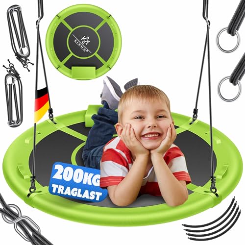 KESSER® Altalena a nido, altalena rotonda, diametro 60 cm, carico 200 kg, con cuscino e 4 maniglie regolabili, altalena per bambini, interno esterno, per bambini e adulti, verde