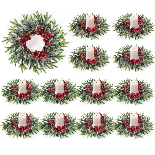 Image of 12 Pcs Christmas Candle Rings Wreath Mini Christmas Table Centerpieces Red Berry Pinecones Wreaths for Kitchen Cabinet for Holiday Table Centerpiece Farmhouse Front Door Porch Wall Decoration