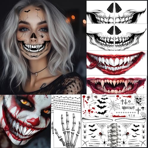 Halloween Face Tattoos - Skull and Clown Stickers for Adults Spider Bat Designs for Women Men (Style C)