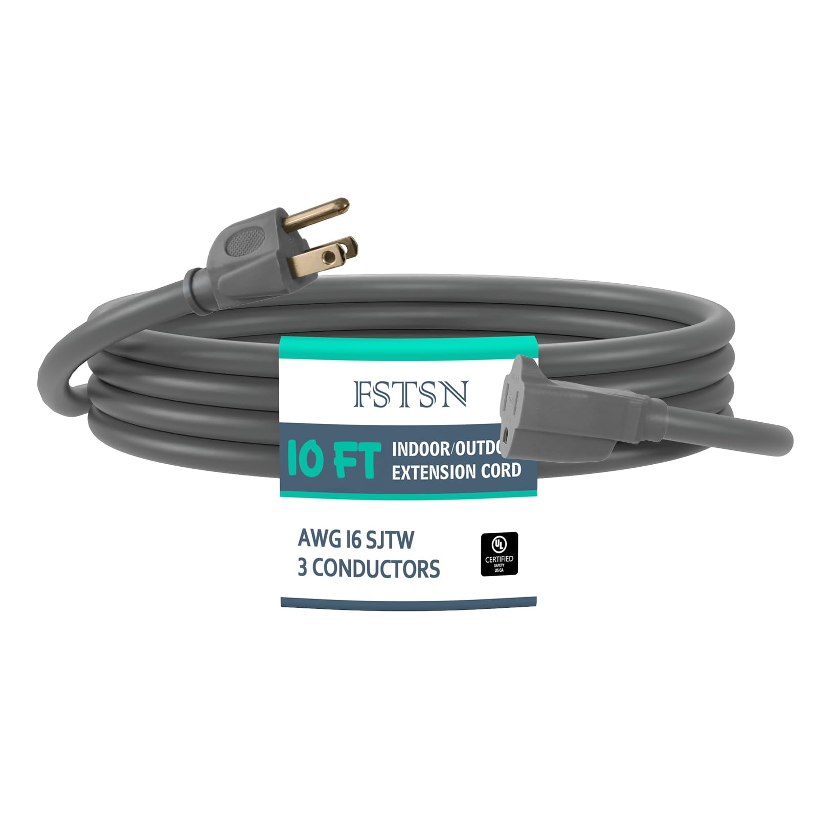 FSTSN 10 Ft Heavy Duty Indoor Outdoor Extension Cord - 16/3 SJTW Waterproof Power Cable with 3 Prong Grounded Plug, Grey - Durable, Weather Resistant,
