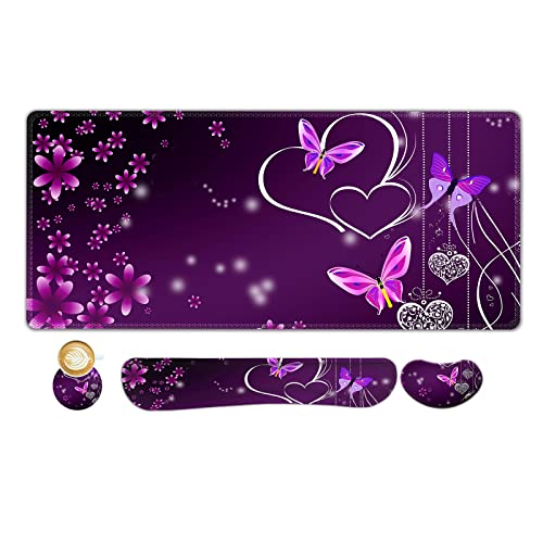 Image of ARTSO Large Gaming Mouse Pad, Keyboard Wrist Rest Pad & Wrist Support Mousepad Set, Stitched Edge, Extended, Non-Slip Base, Memory Foam Desk Mat for Office, Home, Purple Heart Butterfly