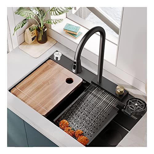 GLETSF Fregadero De Cocina Negro Tipo Cascada, De Estilo Rústico, Grande, De Un Solo Tazón, De Acero Inoxidable Sus304, para Uso Comercial, Moderno, con Grifo Extraíble.-Package-d-75 * 45 * 21cm