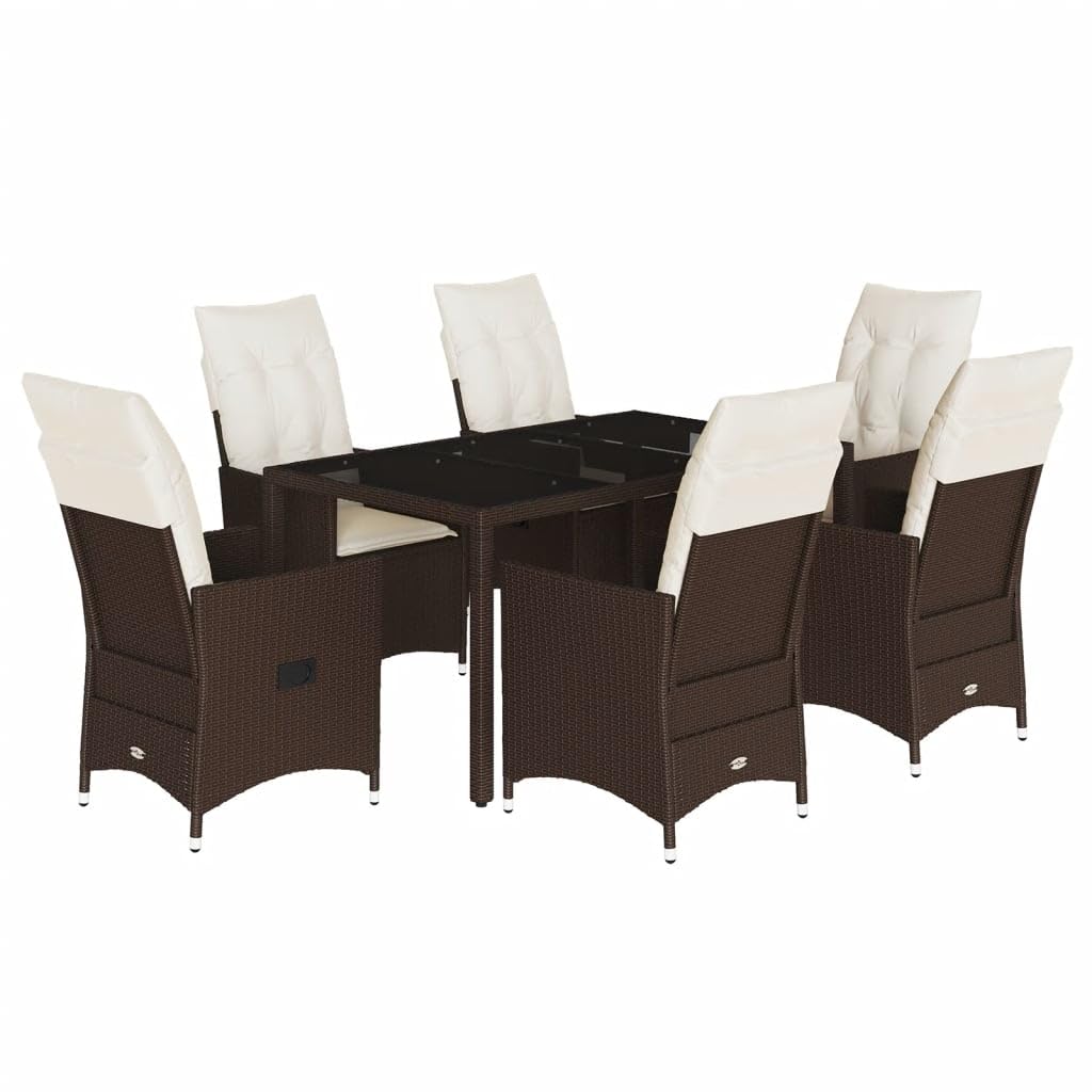 Set da pranzo in rattan, 6 pezzi, sedie regolabili con schienale alto e tavolo imbottito marrone, mobili da patio per terrazza e cortile, elegante gruppo di posti a sedere da giardino