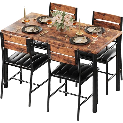 Comparison: Best Dining Sets For Small Spaces 8 IRONCK Dining Table Set for 4, Wood Kitchen Table with Upholstered Chairs for Kitchen Room and Small Spaces, Rustic Brown