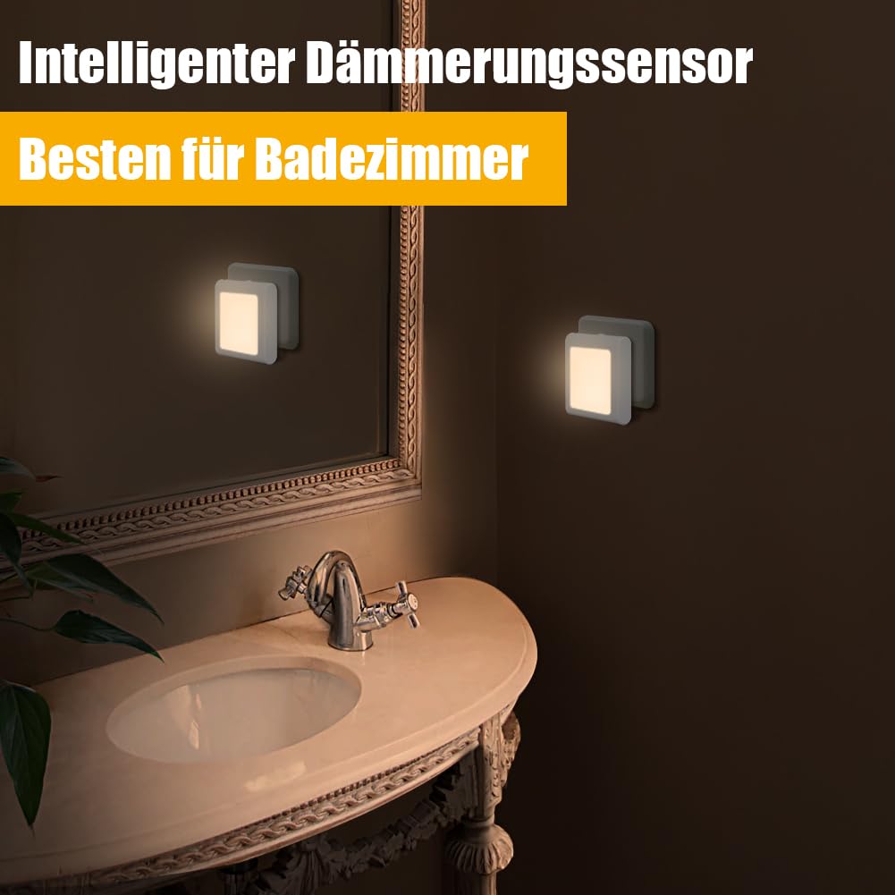 Presa di Luce Notturna con Sensore Crepuscolare, Emotionlite Luce Notturna Bambini, Luminosità Regolabile in modo continuo Molto bene per la camera dei bambini,corridoio,Bianco caldo, 4 pezzi
