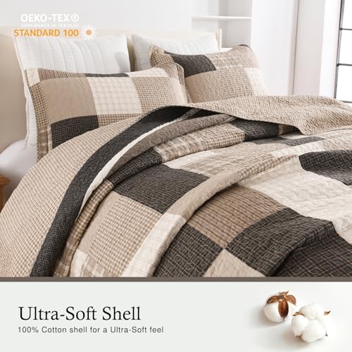 Image of 100% Cotton Oversized King Bedspread 120x120, Brown Oatmeal Plaid | Extra-Wide Coverage, Reversible 3-Piece Bedding Set, Fits Thick Mattresses, Lightweight All-Season Comfort, Modern Farmhouse