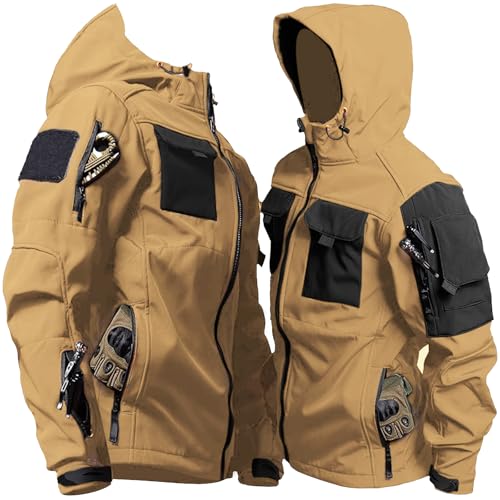 Image of Men's Outdoor Tactical Jacket Softshell Waterproof Lightweight Windbreaker Multi Pockets Hunting Hiking Jackets Khaki XXXL