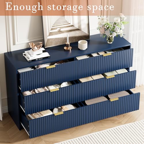Image of Furniway Navy Blue Dresser for Bedroom, Modern Dresser with 6 Drawers and Smooth Slides, Wide Chest of Drawers with Golden Handles for Bedroom, Living Room, Closet, 15.7 inch D x 55.1 inch W x 31.4 inch H