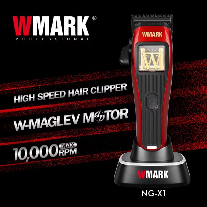 Image of WMARK NG-X1 Ultra Premium Professional 10000 Rpm Magnetic Maglev Motor 0 Gapped Hair Clipper High Precision Fade Blade With DLC Process 6 Guide Comb Taper Lever Charging Pod & Stand, Model 35