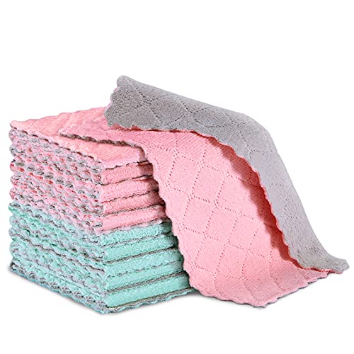 22 Pack Dish Cloths - Premium Dishcloths, Size of Microfiber Cloths: 10.62" x 6.30", Dish Towels, Super Absorbent Coral Velvet Kitchen Towels for Cleaning Dishes and Cars (Pink & Green)