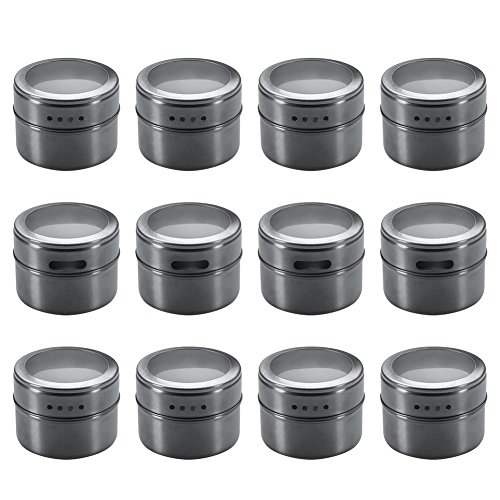 Bekith 12 Pack Stainless Steel Magnetic Multi-Purpose Spice Storage Tins, Clear Top Lid with Sift or Pour, Magnetic on Refrigerator and Grill