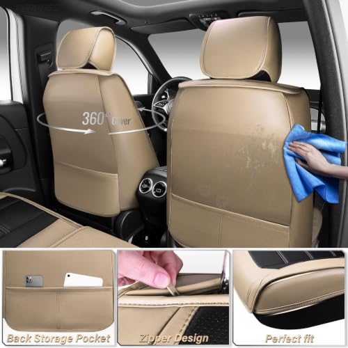 Image of CAR PASS Nappa Leather Car Seat Covers Full Set Faux Leather, Black Beige | Luxury Nappa Leather,360 Full Protection,Water resistant,3D Foam Comfort,Universal Fit for Most Cars SUV Truck,Scratch proof