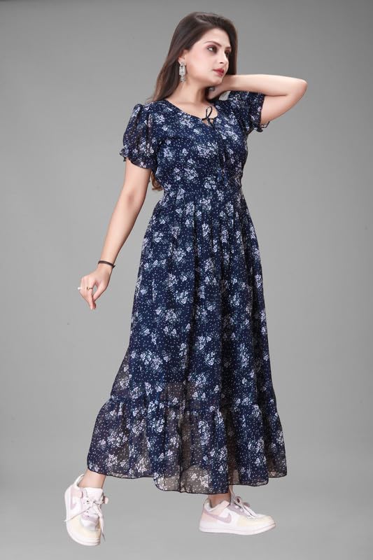 Image of Women's Printed Georgette Regular Fit Round Neck Short Sleeve Fancy Flare Long Dress