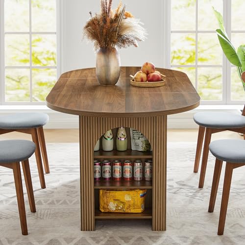 Image of weselon 70.8 inch Oval Dining Table with Dual Side Storage Shelves, Rustic Farmhouse Table for 4-6 People, Modern Wooden Round Dinner Table for Kitchen, Reception, or Living Room (Walnut, Table Only)