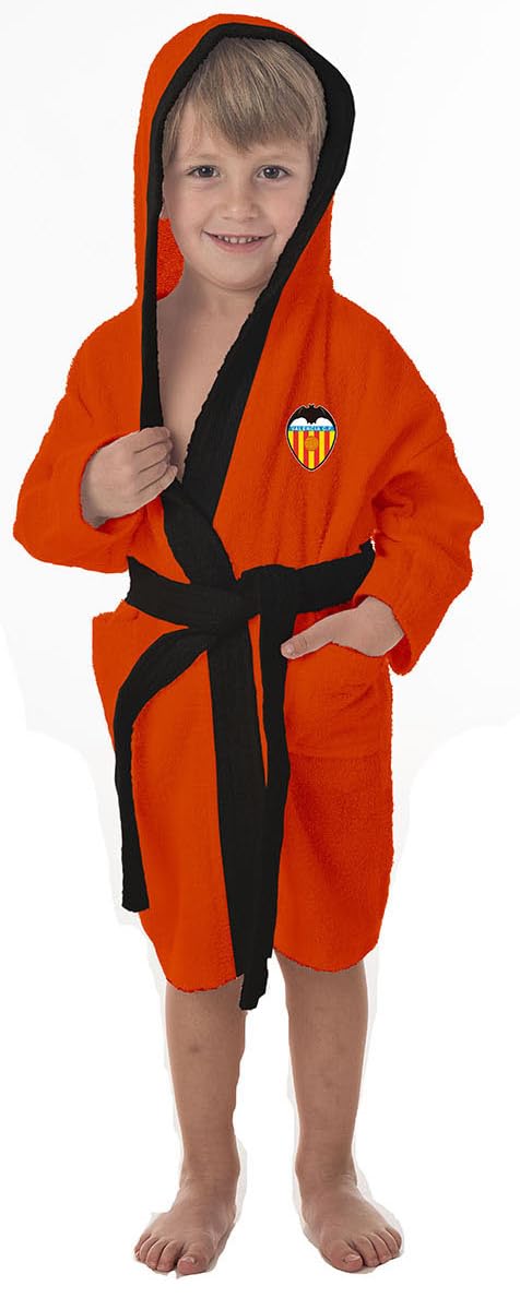 Albornoz Unisex Valencia C.F. Infantil Naranja. Talla: 14/16 años. Tejido 100% algodón Rizo Americano.