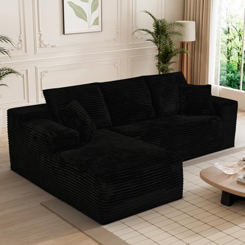 Image of 108 inch Boneless Couches for Living Room, L Shaped Comfy Cloud Modular Sectional Memory Foam Deep Seat Boneless Couch, No Assembly Required Corduroy Sofa for Living Room with Left Facing Chaise, Black