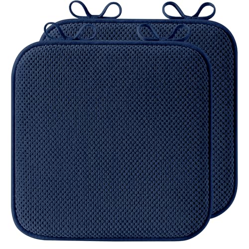 puredown® Chair Cushions for Dining Chairs, Set of 2 Memory Foam Seat Cushions with Non-Slip Backing & Ties, 16" x 16" x 1.5", Comfortable & Supportive Dining Chair Pads for Kitchen, Navy