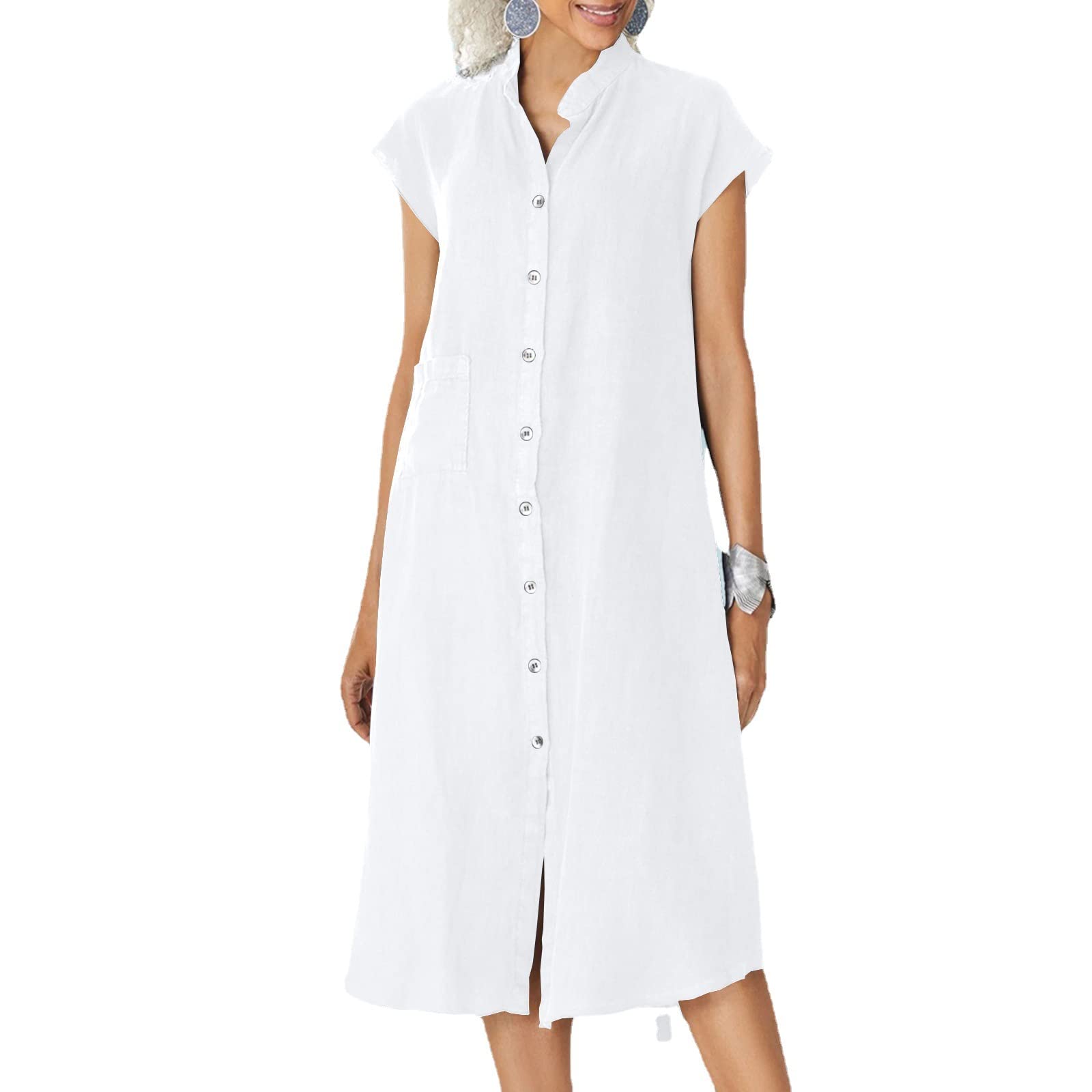 LTHTX Vestidos de algodón y lino para mujer, con botones, vestidos de camiseta con bolsillos para mujer, vestido casual de talla grande 2023