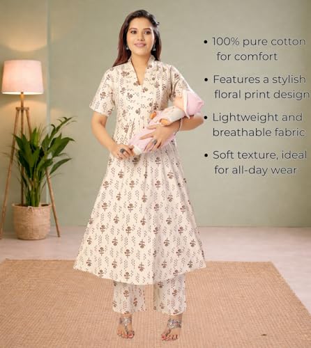 Image of Momenta Women's Pure Cotton Maternity Kurta Set | Feeding Kurti with Concealed Zippers | Maternity Dress for Pre & Post Pregnancy