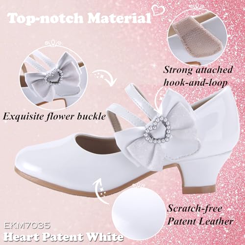 EIGHT KM Girls High Heel Dress Shoes Mary Jane Princess Wedding Party Pump Shoes EKM7035 Patent Leather Heart Pearl Bow White US Toddler Size 84