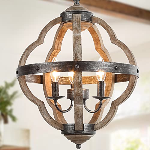 KSANA Farmhouse Chandelier for Dining Room, 3-Light Wood Chandelier, Orb Chandelier for Kitchen Island, Foyer, 15’’ Dia