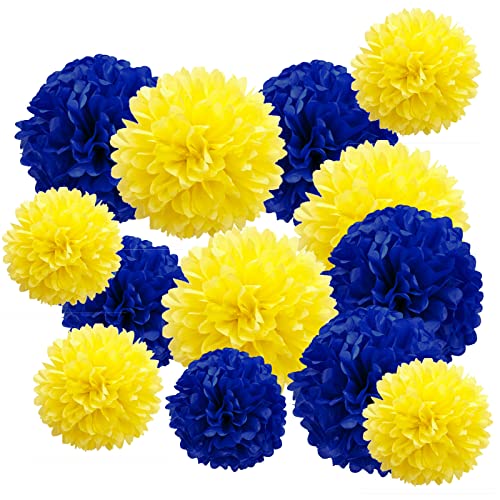 Image of Blue and Yellow Tissue Paper Pom Poms Decorations, 12 inch, 10 inch, Paper Flowers for Party Ceiling Hanging Decor - 12 Pcs