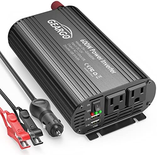 GEARGO 600W Power Inverter DC 12V to 110V AC Car Charger Converter with 4.8A Dual USB Ports,2 AC Outlets Car Adapter,Alligator Battery Clamp (Black)
