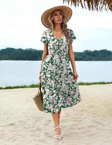 Image of Zeagoo Women's Summer Casual Dress Flutter Short Sleeve V Neck Button Down Tiered Flowy Long Dress with Pockets