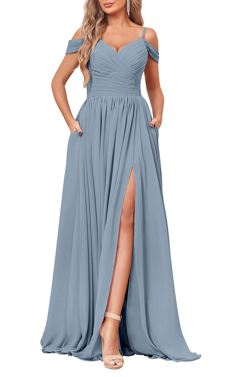 Yiann Women's Dusty Blue Cold Shoulder Dress Modest Bridesmaid Dress With Pockets Wrap Slit Long Formal Dress Uk22