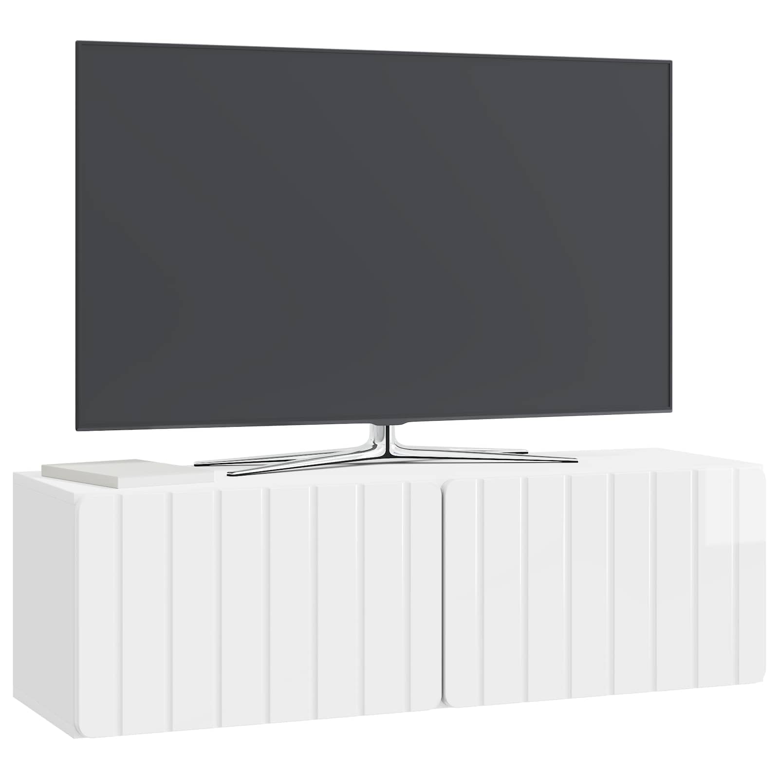 Mueble de TV montado en la pared, color blanco brillante, 98 x 31 x 30 cm, moderno mueble de TV colgante de madera con 2 puertas abatibles, ahorra espacio para el salón