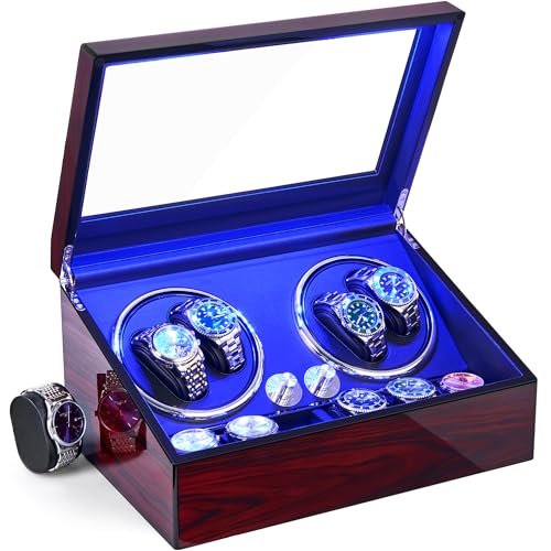 ANWBROAD Enrollador para Relojes Automáticos Caja Giratoria Automática con 4+6 Compartimentos para Relojes y Joyas Silencioso Watch Winder con LED & Motor Mabuchi & 4 Modos JWW002Y
