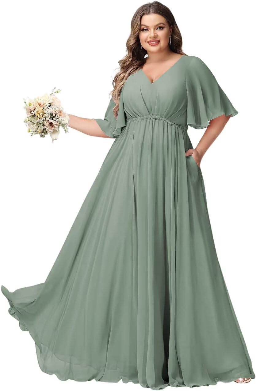 YMSHA Plus Size Bridesmaid Dresses with Pockets Short Sleeve Pleated Formal Dress for Women CLN002