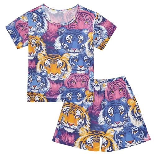 ALAZA Blue Colorful Tiger Animal Pajamas Set Short Sleeve Cotton Sleepwear Summer Pjs 2 Piece 5-14Y