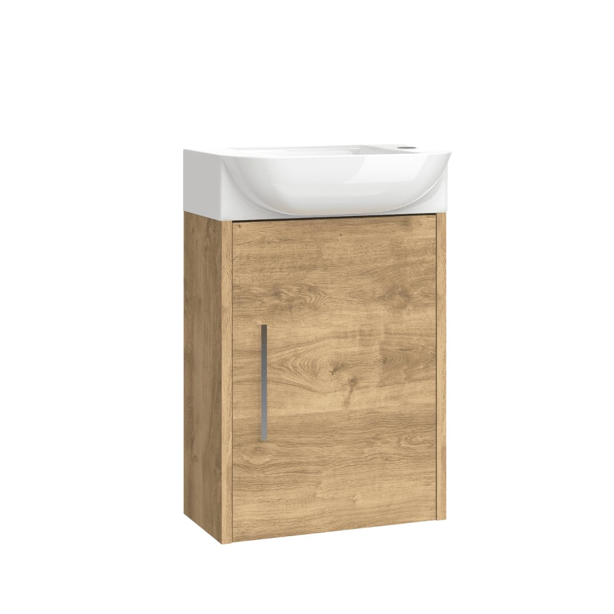 Mueble de Baño Suspendido Fondo Reducido con Lavabo Cerámico para Aseos | Mueble Volado 1 Puerta con Tirador | 45cm Roble Natural