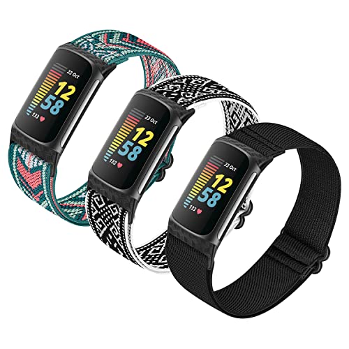 HUYIIO 3 Pack Adjustable Elastic Watch Band Compatible with Charge 5 Bands for Women Men, Stretchy Sport Loop Band Soft Nylon Wristband Accessories for Charge 5