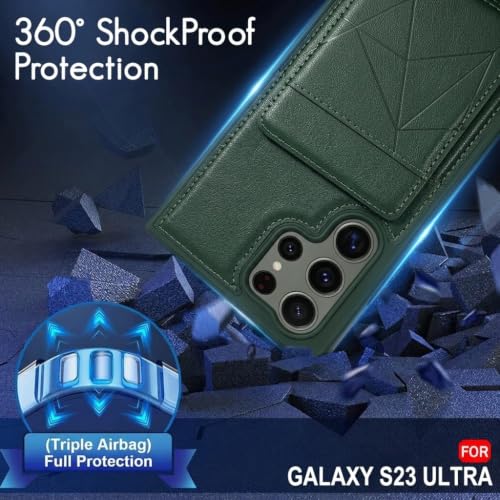 Image of amazon basics Premium Vegan Leather Back Cover with Card Holder and Integrated Mobile Stand for Samsung Galaxy S23 Ultra 5G - Slim Shockproof Wallet Case with Geometric Stitching [Green]
