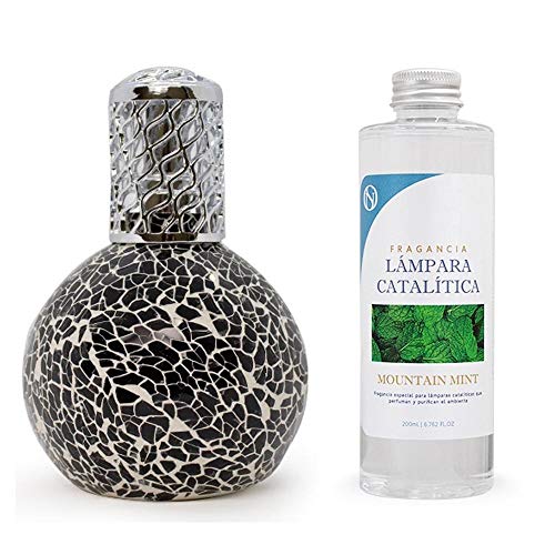 M MAMA MANUELA Pack Lámpara Catalítica y Fragancia. Modelo Mosaico Negra - perfuma y sanea el Ambiente. Elimina Malos olores e impurezas del Aire - MamaManuela (Aroma Mountain Mint - 200ml) Cover