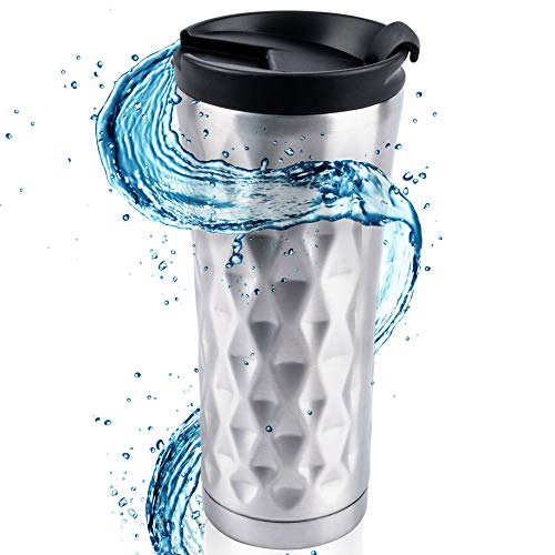 Pure Design Taza Termica 500ml de café para Ilevar (0.5L) Grande. Diamante de Plata Termo Taza Acero Inoxidable - 110% de devolución de Dinero GARANTÍA, llévatelo con la Tapa a Prueba de Fugas