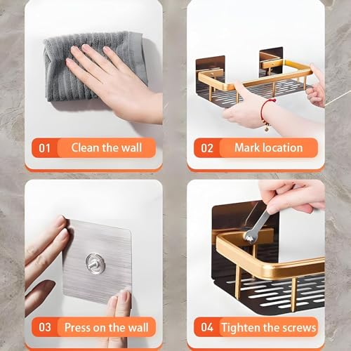 Perpetual Self - Adhesive Bathroom Shelf For Wall, Multipurpose Wall Mounted Bathroom and Kitchen Organiser Without Drill, Space Saving Stand For Bathroom And Kitchen Wall (Pack Of 2) Gold