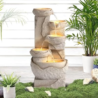 Grepatio Outdoor Water Fountain 5-Tiers Cascading Rock Waterfalls Fountains with 5 LED Lights, Indoor/Outdoor Modern Beige Bowl Feature Garden Water Fountain for Yard, Patio, House Decor