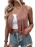 Verdusa Women's Tassel Suede Vest Sleeveless Fringe Hippie Crop Jacket Dusty Pink S