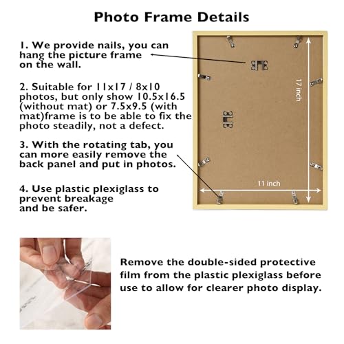 Image of JCJMY 11x17 Picture Frame Gold with 8x10 Mat, Display Photo 8x10 with Mat or 11 x 17 Without Mat, Wall Hanging Large 11x17 Poster Frame with Shatter Resistant Plexiglass, Gold