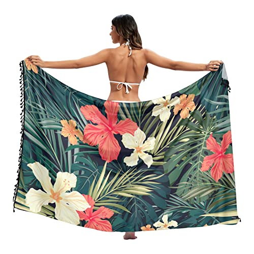 ZZKKO Paréo paréo pour femme - Palmier tropical - Avec pompons, Jungle tropicale multicolore, Taille L Cover