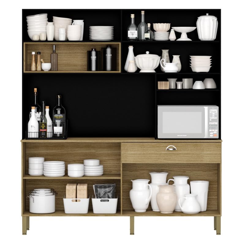 ACTUAL DIFFUSION Buffet de Cuisine 8 Portes 1 Tiroir 10 NIches Chêne et Noir L 182.8 H 205 P 39.3 cm