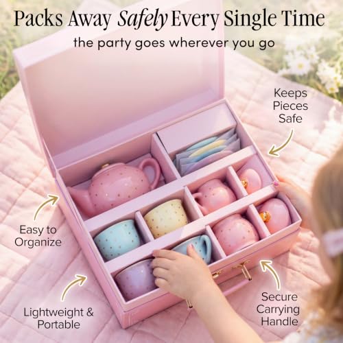 Image of Giggle & Honey Porcelain Tea Party Set for Girls, Pastel Tea Set for Toddlers with Teapot and Cups, Kids Teacup Sets for Little Girl with Carry Case, Birthday Gifts for Girls 3, 4, 5, 6, 7, 8 Years