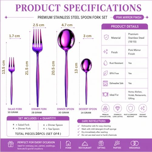 Image of Classic Pink 16 Pcs Stainless Steel Cutlery Set for Dining Table, Dishwasher Safe Glossy Flatware (Perfect Spoon Fork Set)