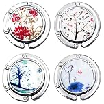 FGX Set of 4 Folding Handbag Hangers, Round Hangers, Portable Bag Hook, Foldable Handbag Hook, Assorted Round Patterns, for Table Hangers (Flowers)