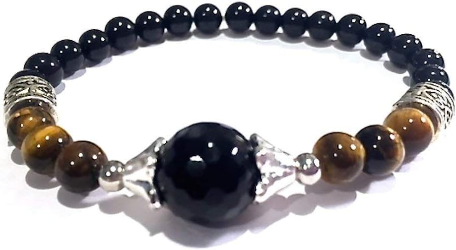 Handmade 7 Inch Black Onyx, Black Tourmaline and Tigers Eye Healing Bracelet