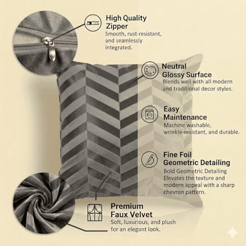 Image of TEXIVA Premium Velvet Cushion Covers Set of 5, 16x16 Inch Sofa Cushion Covers with Hidden Zipper, Modern Chevron Pattern - Grey